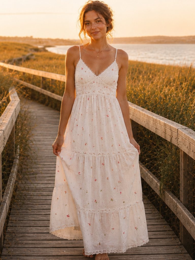 Tessora White Embroidered Sequin Boho Maxi Dress Sleeveless Romantic Medium Euc